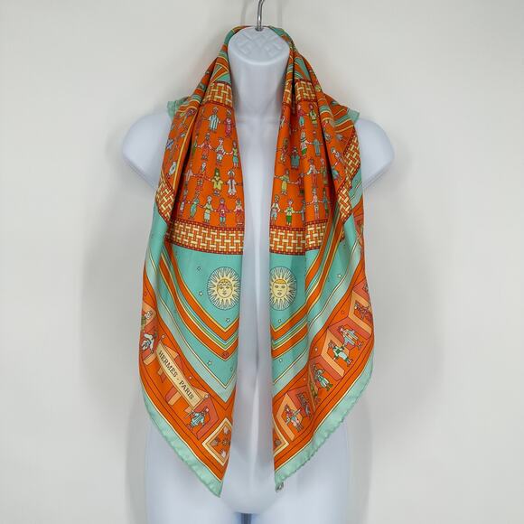 HERMES Donner La Main Carre 100% Silk Geometric Scarf 90cm Square Orange - Picture 13 of 15